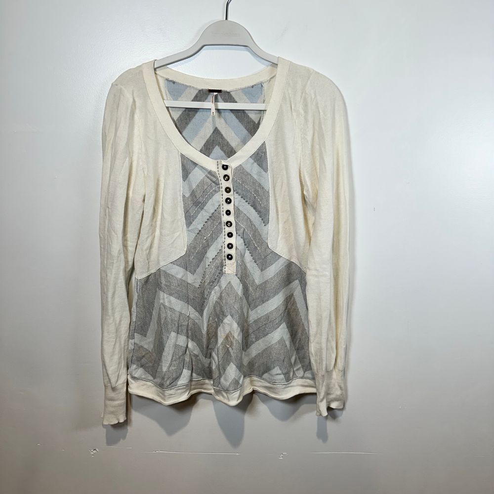 Free People Henley Sweater Medium Cream Grey Chevron Mixed Media Women